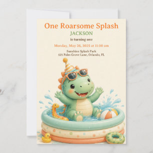 Cute Dino Splash Pool Party Eerste Verjaardag Kaart