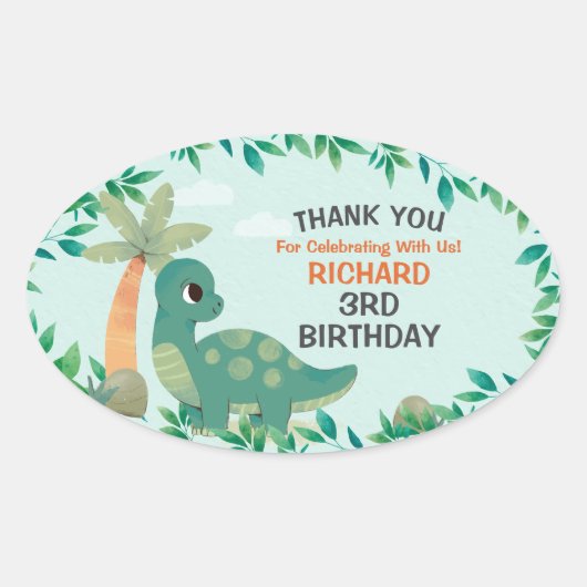 Cute Dino ThUnited Kind Birthday Party Ovale Sticker (Voorkant)