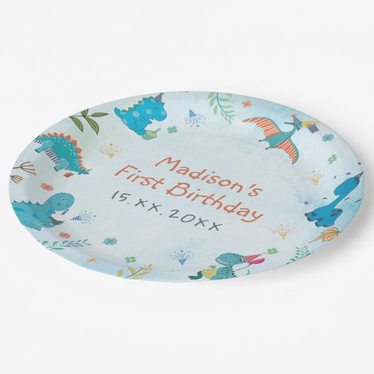 Cute Dinosaur 1e verjaardag Papieren Bordje (Gekanteld)