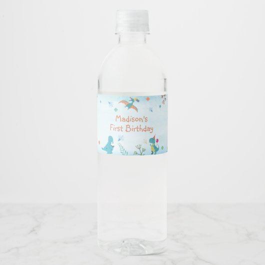 Cute Dinosaur 1e verjaardag Waterfles Etiket (Voorkant)