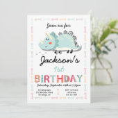 Cute Dinosaur 1st Birthday Party Invitation Kaart (Staand voorkant)
