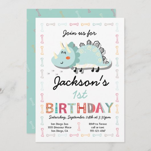 Cute Dinosaur 1st Birthday Party Invitation Kaart (Voorkant / Achterkant)