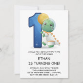 Cute Dinosaur Astronaut 1st Birthday Party Kaart (Voorkant)