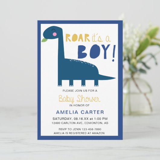 Cute Dinosaur baby shower Boy Blue Modern Kaart (Staand voorkant)