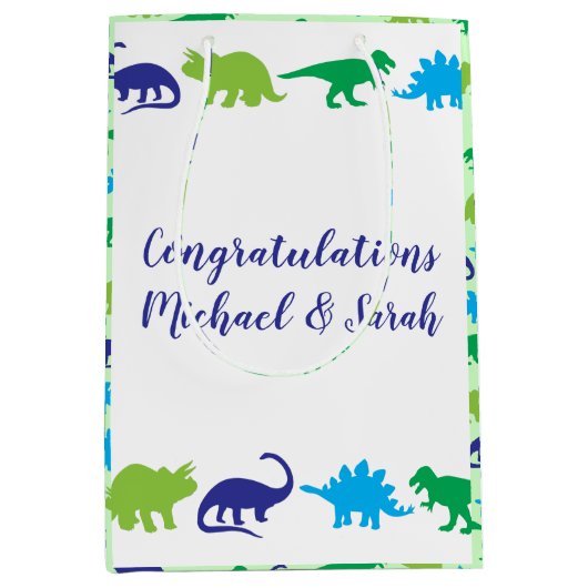 Cute Dinosaur Baby shower Dino Blue en Green Boy Medium Cadeauzakje (Voorkant)