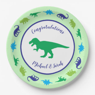 Cute Dinosaur Baby shower Dino Blue en Green Boy Papieren Bordje