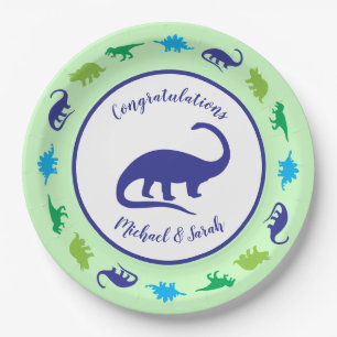 Cute Dinosaur Baby shower Dino Blue en Green Boy Papieren Bordje