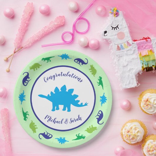 Cute Dinosaur Baby shower Dino Blue en Green Boy Papieren Bordje (Feest)