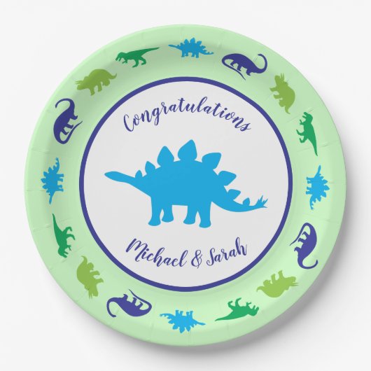 Cute Dinosaur Baby shower Dino Blue en Green Boy Papieren Bordje (Voorkant)