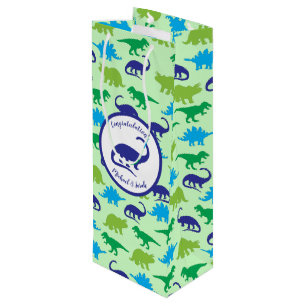 Cute Dinosaur Baby shower Dino Blue en Green Boy Wijn Cadeautas