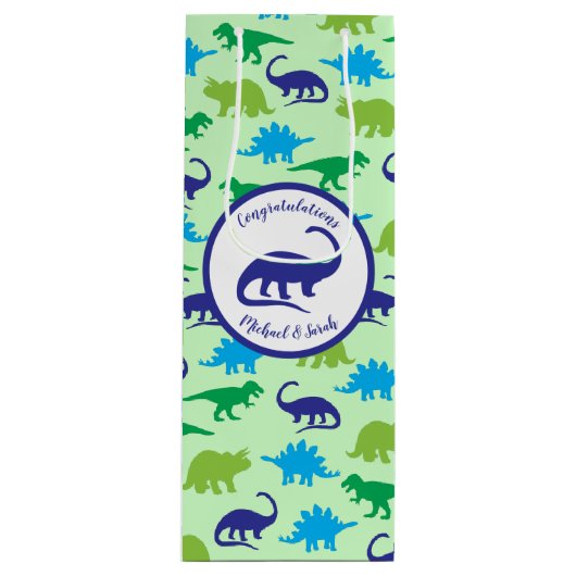 Cute Dinosaur Baby shower Dino Blue en Green Boy Wijn Cadeautas (Voorkant)