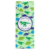 Cute Dinosaur Baby shower Dino Blue en Green Boy Wijn Cadeautas (Achterkant)