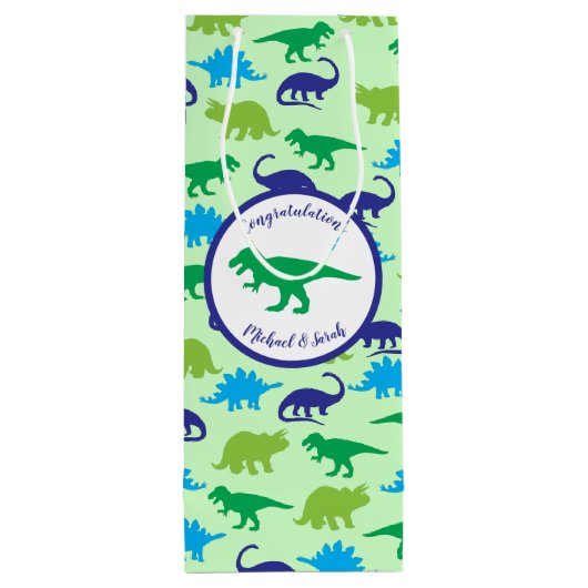 Cute Dinosaur Baby shower Dino Blue en Green Boy Wijn Cadeautas (Achterkant)