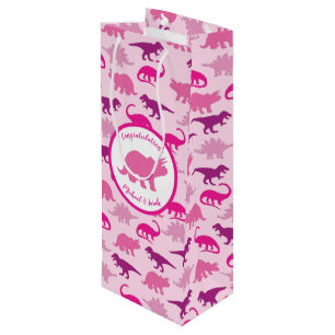 Cute Dinosaur Baby shower Dino Pink Girl Wijn Cadeautas