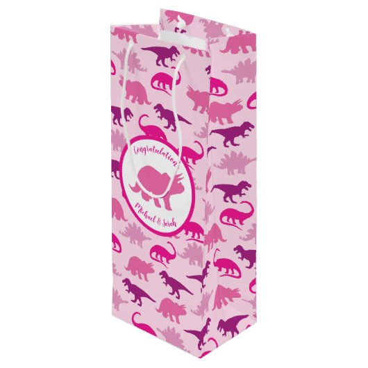 Cute Dinosaur Baby shower Dino Pink Girl Wijn Cadeautas (Achterkant Gekanteld)