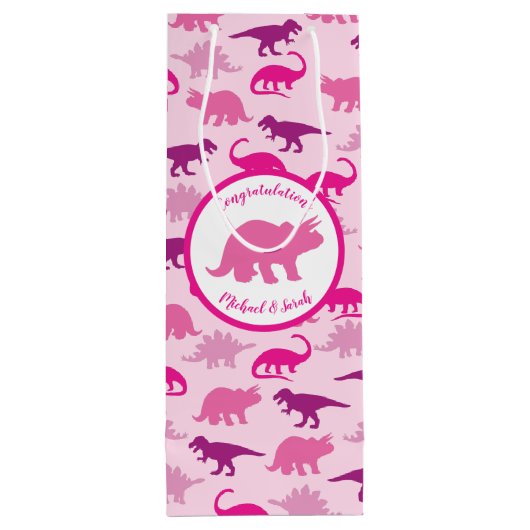 Cute Dinosaur Baby shower Dino Pink Girl Wijn Cadeautas (Achterkant)