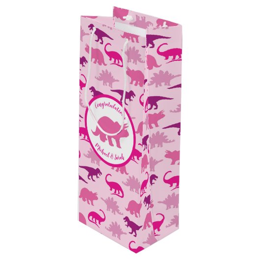 Cute Dinosaur Baby shower Dino Pink Girl Wijn Cadeautas (Voorkant Gekanteld)
