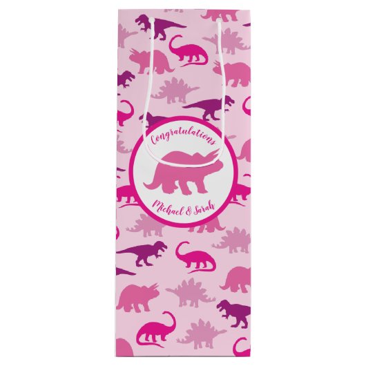 Cute Dinosaur Baby shower Dino Pink Girl Wijn Cadeautas (Voorkant)