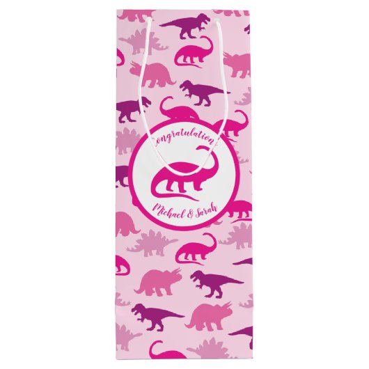 Cute Dinosaur Baby shower Dino Pink Girl Wijn Cadeautas (Achterkant)