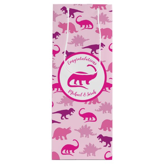 Cute Dinosaur Baby shower Dino Pink Girl Wijn Cadeautas (Voorkant)