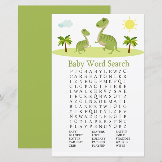 Cute Dinosaur Baby shower Word Search Game (Voorkant / Achterkant)