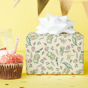 Cute Dinosaur Beer en Bladeren Naadloos Patroon Cadeaupapier
