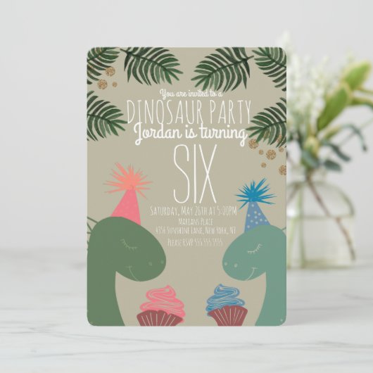 Cute Dinosaur Birthday Cupcakes Glittler Confetti Kaart (Staand voorkant)