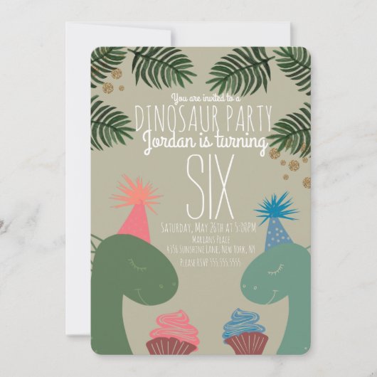 Cute Dinosaur Birthday Cupcakes Glittler Confetti Kaart (Voorkant)