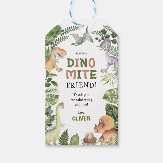 Cute Dinosaur Birthday Dinomite Party Cadeaulabel (Voorkant)