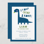 Cute Dinosaur Birthday Invitation 4th Boy Blue Kaart (Voorkant / Achterkant)