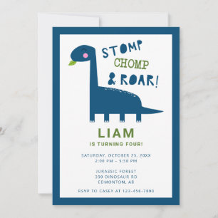 Cute Dinosaur Birthday Invitation 4th Boy Blue Kaart