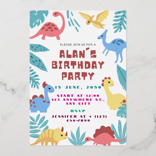 Cute Dinosaur Birthday Invitation Folie Uitnodiging (Voorkant)