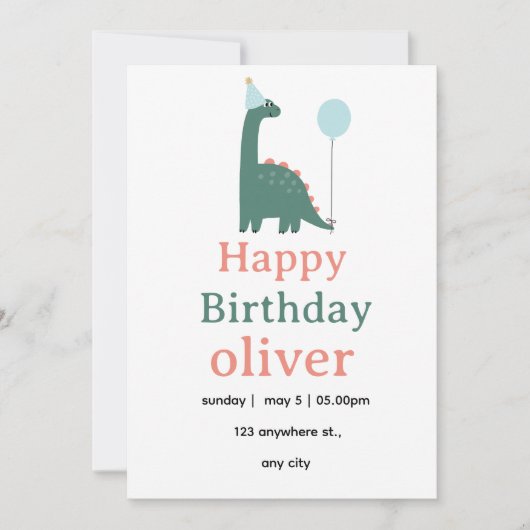Cute Dinosaur Birthday Invitation for Kids, Kaart (Voorkant)