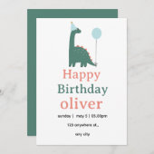 Cute Dinosaur Birthday Invitation for Kids, Kaart (Voorkant / Achterkant)
