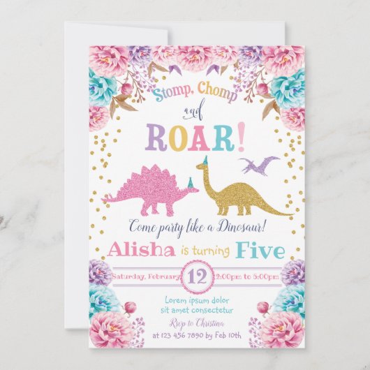 Cute Dinosaur Birthday Invitation Girl Kaart (Voorkant)