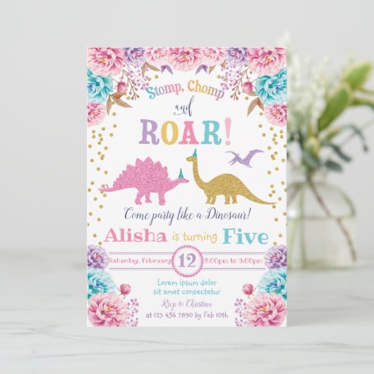 Cute Dinosaur Birthday Invitation Girl Kaart (Staand voorkant)