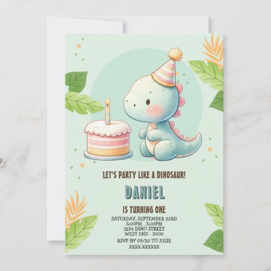 Cute Dinosaur Birthday Invitation Kaart (Voorkant)