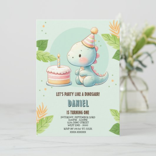 Cute Dinosaur Birthday Invitation Kaart (Staand voorkant)