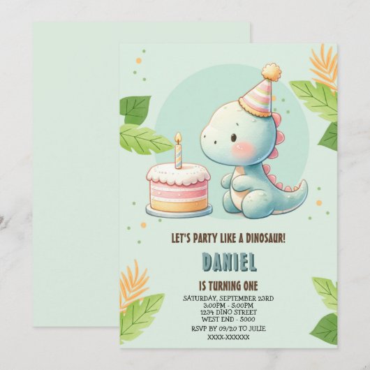 Cute Dinosaur Birthday Invitation Kaart (Voorkant / Achterkant)
