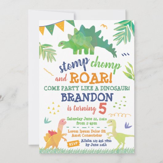 Cute Dinosaur Birthday Invitation Kaart (Voorkant)
