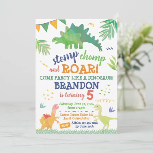 Cute Dinosaur Birthday Invitation Kaart (Staand voorkant)