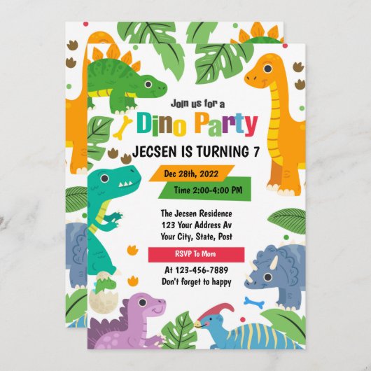 Cute Dinosaur Birthday Invitation Kaart (Voorkant / Achterkant)