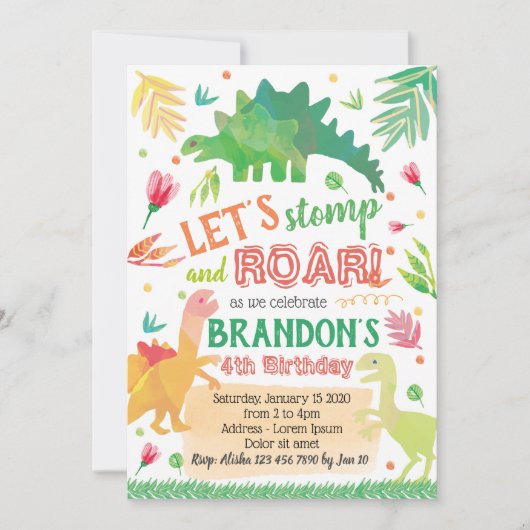 Cute Dinosaur Birthday Invitation Kaart (Voorkant)