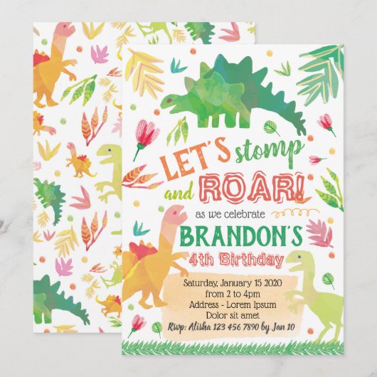 Cute Dinosaur Birthday Invitation Kaart (Voorkant / Achterkant)