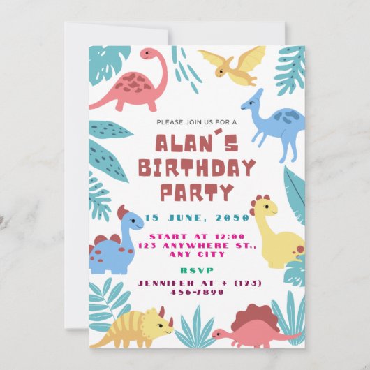 Cute Dinosaur Birthday Invitation Kaart (Voorkant)