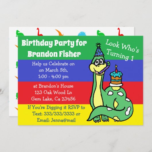 Cute Dinosaur Birthday Invitations Kaart (Voorkant / Achterkant)