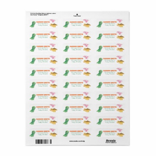 Cute Dinosaur Birthday Party Address Etiket (Full Sheet)