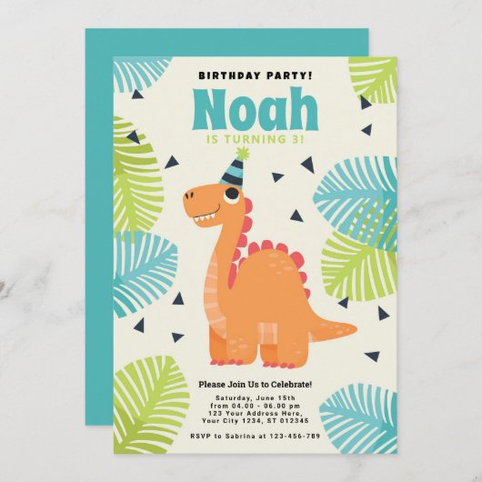 Cute Dinosaur Birthday Party Invitation Feestdagenkaart (Voorkant / Achterkant)