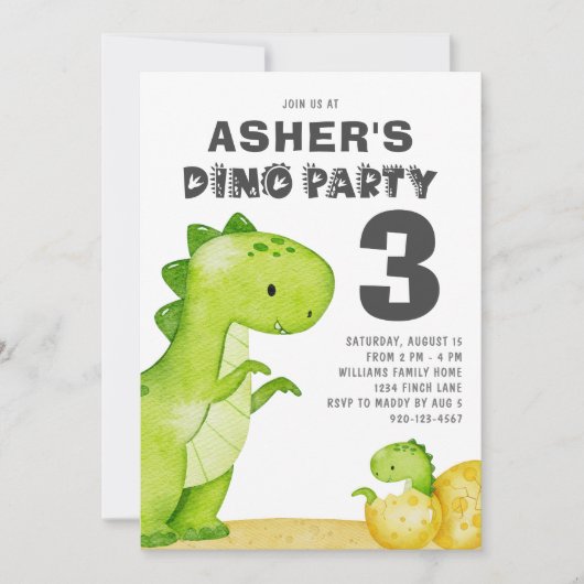 Cute Dinosaur Birthday Party Invitation Kaart (Voorkant)
