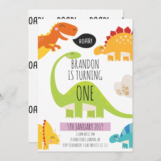 Cute Dinosaur Birthday Party Invitation Kaart (Voorkant / Achterkant)